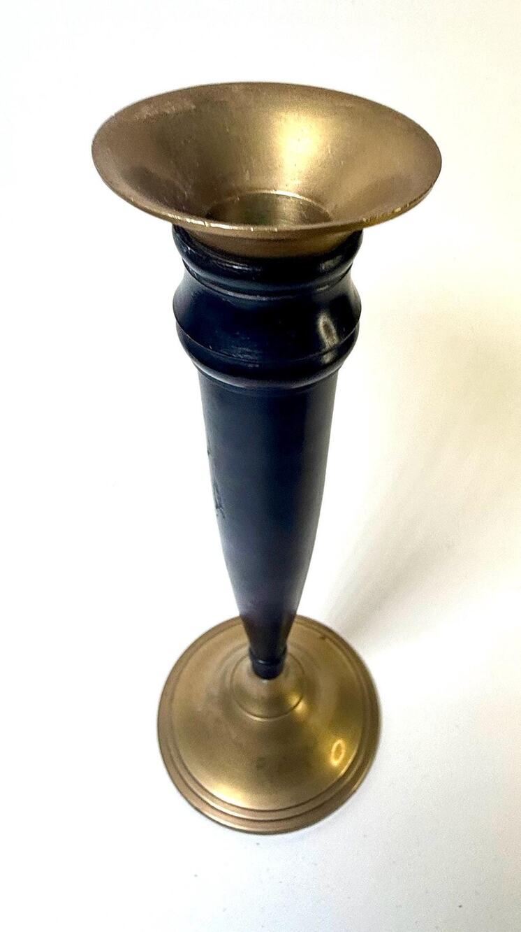 Vintage Brass & Black Metal Candlestick Holder – 9” Tall Midcentury Decor